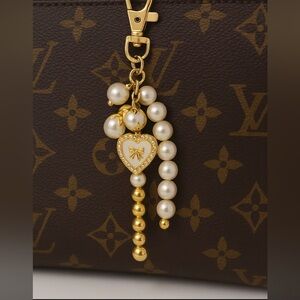 Gold and White Heart Bow and Beaded Keychain Purse Charm